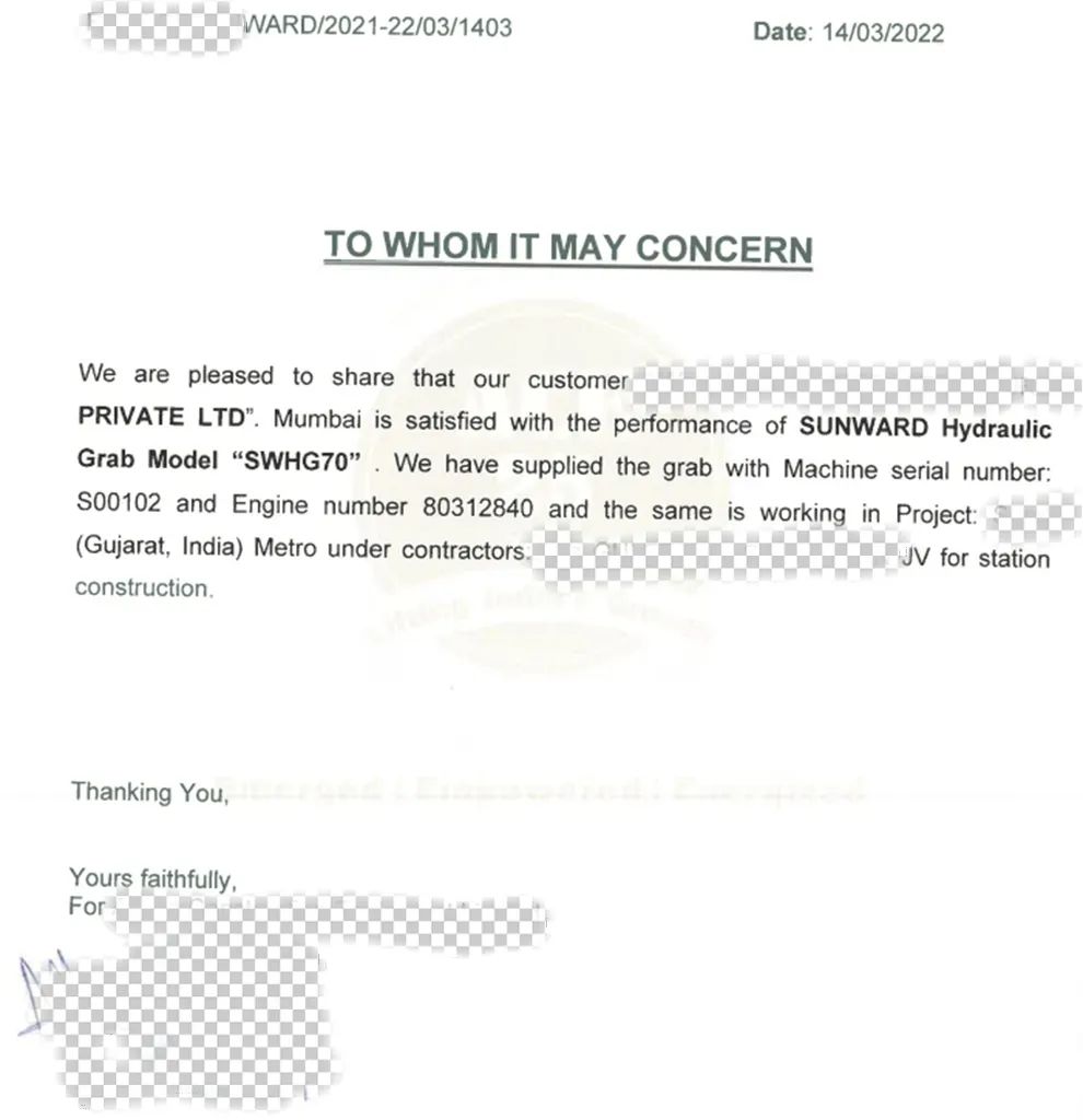 感谢信！江南网页版智能SWHG70液压抓斗助力海外基础施工获肯定