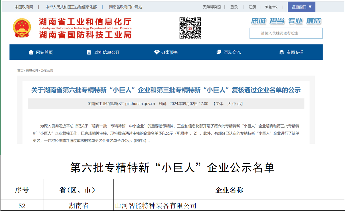 国家级名单公布！江南网页版智能特种装备有限公司获批第六批专精特新“小巨人”企业！